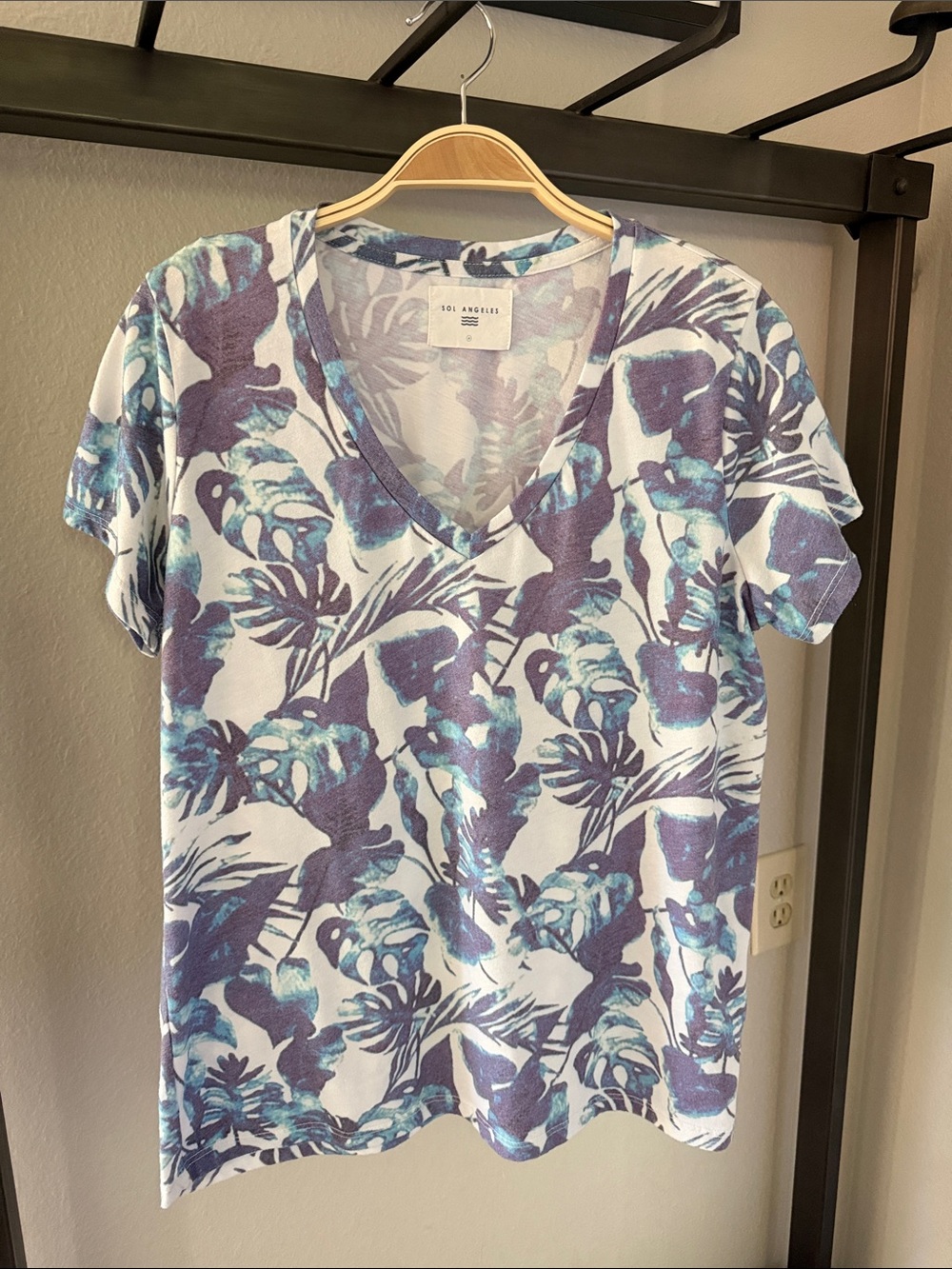 Anthropologie Sol Angeles White Tee with Blue-Purple Tropical Print